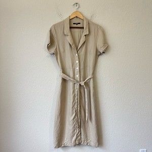NWOT QUINCE Short-Sleeve 100% Linen Shirt Dress Belted in Driftwood